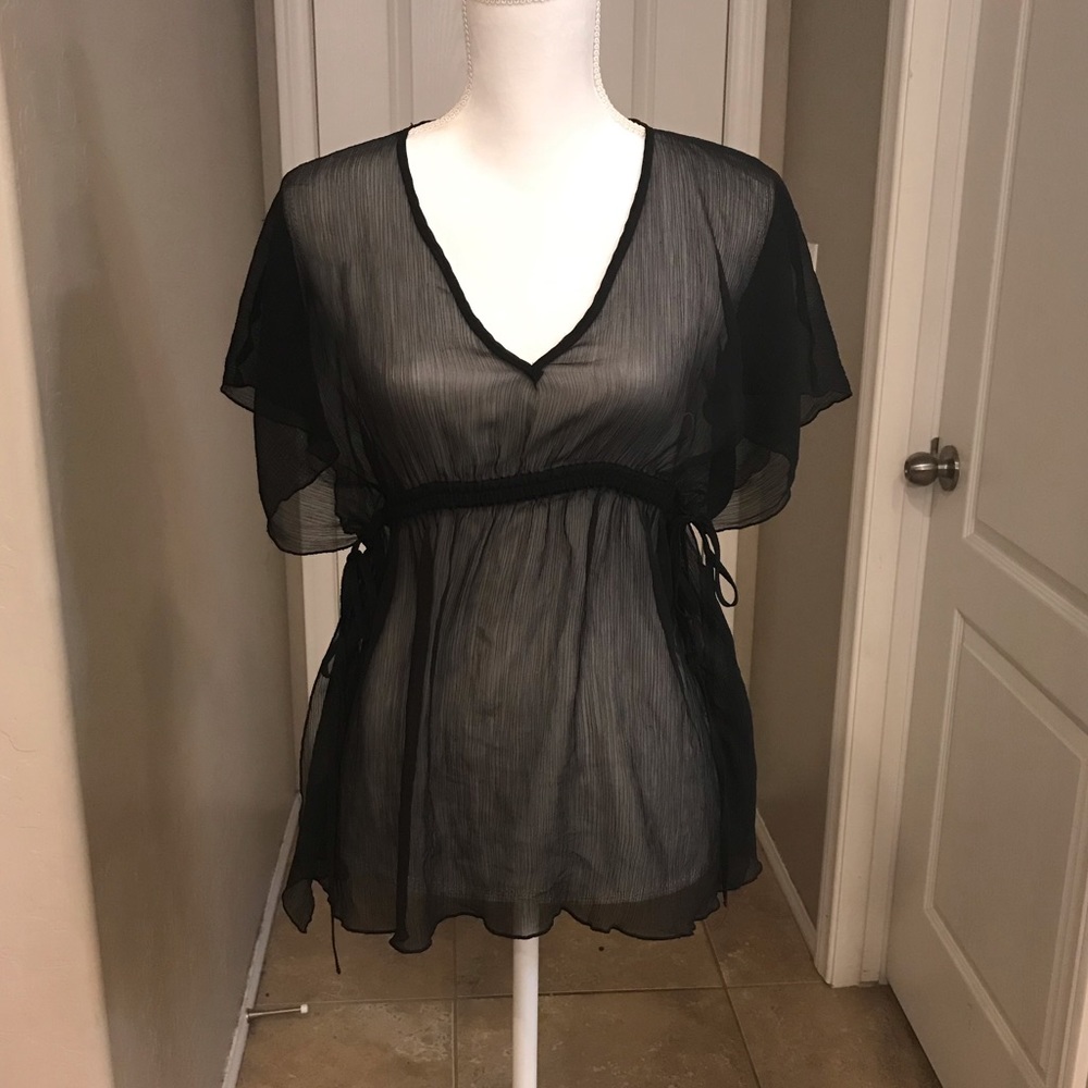 H&M Black Sheer Mesh Flutter Sleeve Cover Up | V Neck Beach Swimsuit Cover Top